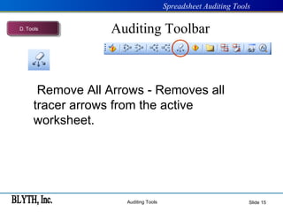 Auditing Toolbar Slide    Remove All Arrows - Removes all tracer arrows from the active worksheet. D .  Tools 