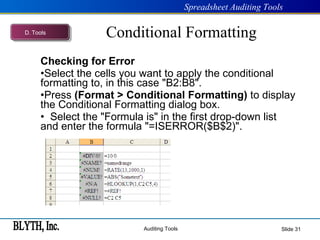 Conditional Formatting Checking for Error Select the cells you want to apply the conditional formatting to, in this case "B2:B8". Press  (Format > Conditional Formatting)  to display the Conditional Formatting dialog box.   Select the "Formula is" in the first drop-down list and enter the formula "=ISERROR($B$2)". Slide  D .  Tools 