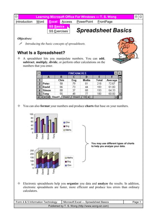 Learning Microsoft Office For Windows — T. S. Wong                                          ☺
Introduction       Word                 Excel      Access     PowerPoint    FrontPage
                                        SS Basics
                                        SS Exercises          Spreadsheet Basics
 Objectives:
       Introducing the basic concepts of spreadsheets.

 What Is a Spreadsheet?
     A spreadsheet lets you manipulate numbers. You can add,
     subtract, multiply, divide, or perform other calculations on the
     numbers that you enter.




     You can also format your numbers and produce charts that base on your numbers.

           100
            80
            60                                       Chin
            40                                       Eng
            20                                       Maths
               0
                                    Simon
                   Peter

                            David




                                            Tony




                                                                       You may use different types of charts
                                                                       to help you analyze your data.
           250
           200
           150                                        Maths
           100                                        Eng
            50                                        Chin
               0
                                    Simon
                    Peter

                            David




                                            Tony




     Electronic spreadsheets help you organize you data and analyze the results. In addition,
     electronic spreadsheets are faster, more efficient and produce less errors than ordinary
     calculators.


Form 4 & 5 Information Technology     Microsoft Excel — Spreadsheet Basics                                Page 1
                          Published by T. S. Wong (http://www.wong-sir.com)
 