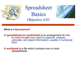 Spreadsheet
Basics
Objective 4.01
What is a Spreadsheet?
A spreadsheet (or worksheet) is an arrangement of cells
in columns and rows used to organize, analyze,
calculate, and report information, usually in numerical
form.
A workbook is a file which contains one or more
spreadsheets.
 