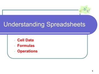 Understanding Spreadsheets
• Cell Data
• Formulas
• Operations
1
 