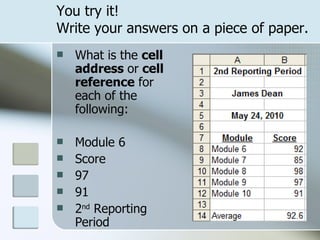 You try it!  Write your answers on a piece of paper. What is the  cell address  or  cell reference  for each of the following: Module 6 Score 97 91 2 nd  Reporting Period 