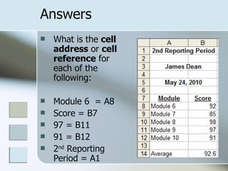 Answers  What is the  cell address  or  cell reference  for each of the following: Module 6  = A8 Score = B7 97 = B11 91 = B12 2 nd  Reporting Period = A1 
