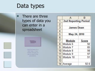 Data types There are three types of data you can enter in a spreadsheet Click the button for a brief video.  A new website will open, be sure to return to this presentation. 