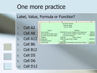 Label, Value, Formula or Function? Cell A2 Cell A8 Cell A12 Cell B6 Cell B12 Cell D5 Cell D6 Cell D12 One more practice 