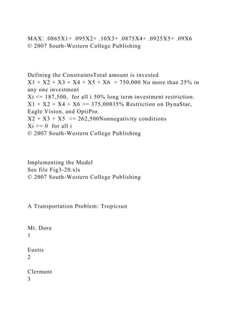 MAX: .0865X1+ .095X2+ .10X3+ .0875X4+ .0925X5+ .09X6
© 2007 South-Western College Publishing
Defining the ConstraintsTotal amount is invested
X1 + X2 + X3 + X4 + X5 + X6 = 750,000 No more than 25% in
any one investment
Xi <= 187,500, for all i 50% long term investment restriction.
X1 + X2 + X4 + X6 >= 375,00035% Restriction on DynaStar,
Eagle Vision, and OptiPro.
X2 + X3 + X5 <= 262,500Nonnegativity conditions
Xi >= 0 for all i
© 2007 South-Western College Publishing
Implementing the Model
See file Fig3-20.xls
© 2007 South-Western College Publishing
A Transportation Problem: Tropicsun
Mt. Dora
1
Eustis
2
Clermont
3
 