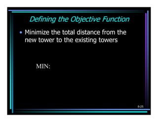 Defining the Objective Function
• Minimize the total distance from the
  new tower to the existing towers


              ( ) ( ) ( ) ( )
               5- X
                  1
                      2
                          + 45 − Y
                                   1
                                       2
                                           + 12- X
                                                 1
                                                     2
                                                         + 21− Y
                                                                  1
                                                                      2


     MIN:
              ( ) ( ) ( ) ( )
            + 17- X
                      1
                          2
                              + 5− Y
                                   1
                                       2
                                           + 52- X
                                                     1
                                                         2
                                                             + 21− Y
                                                                      1
                                                                          2




                                                                              8-25
 