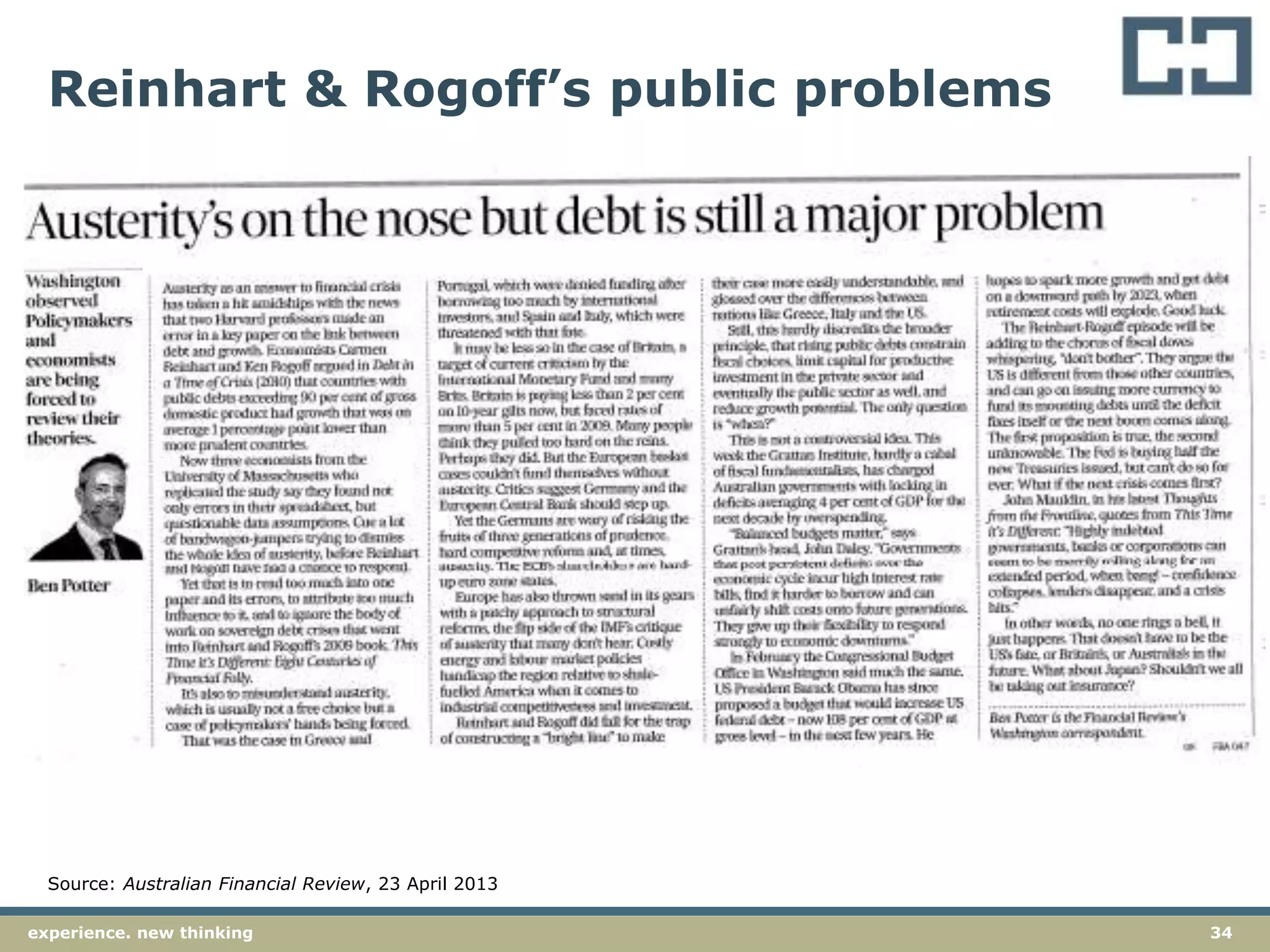 34experience. new thinking
Reinhart & Rogoff’s public problems
Source: Australian Financial Review, 23 April 2013
 