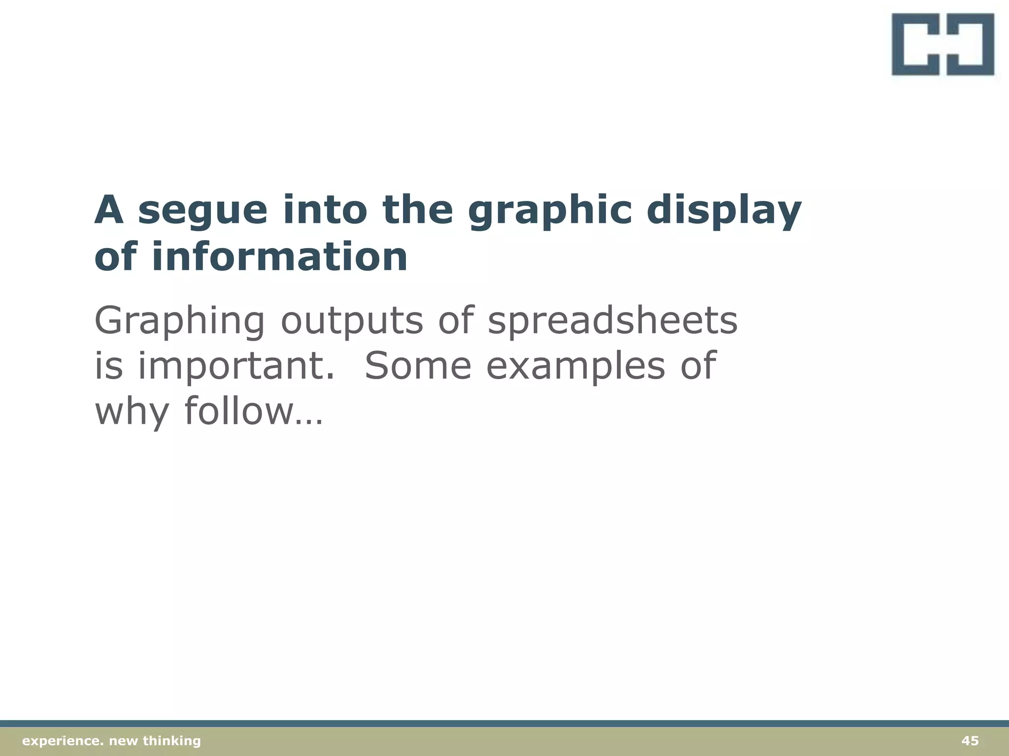 45experience. new thinkingexperience. new thinking 45
Graphing outputs of spreadsheets
is important. Some examples of
why follow…
A segue into the graphic display
of information
 