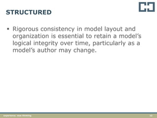 12experience. new thinking
STRUCTURED
 Rigorous consistency in model layout and
organization is essential to retain a model’s
logical integrity over time, particularly as a
model’s author may change.
 