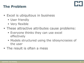 6experience. new thinking
The Problem
 Excel is ubiquitous in business
 User friendly
 Very flexible
 These attractive attributes cause problems:
 Everyone thinks they can use excel
effectively
 Models structured using the idiosyncrasies of
the user
 The result is often a mess
 