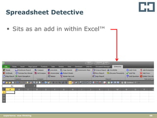 68experience. new thinking
Spreadsheet Detective
 Sits as an add in within Excel™
 