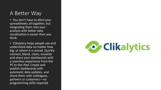 A Better Way
• You don’t have to ditch your
spreadsheets all together; but
integrating them into your
analysis with better data
visualization is easier than you
think.
• Clikalytics helps people see and
understand data no matter how
big, or where it is stored. Quickly
connect, blend, clean, visualize
and share your dashboards with
a seamless experience from the
PC to the iPad. Create and
publish dashboards with
automatic data updates, and
share them with colleagues,
partners or customers—no
programming skills required.
 