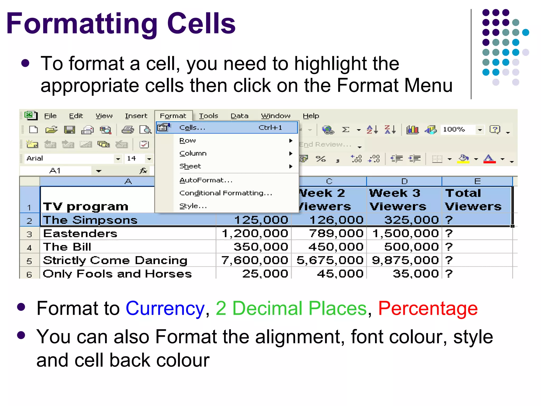 Formatting Cells To format a cell, you need to highlight the appropriate cells then click on the Format Menu Format to  Currency ,  2 Decimal Places ,  Percentage You can also Format the alignment, font colour, style and cell back colour 