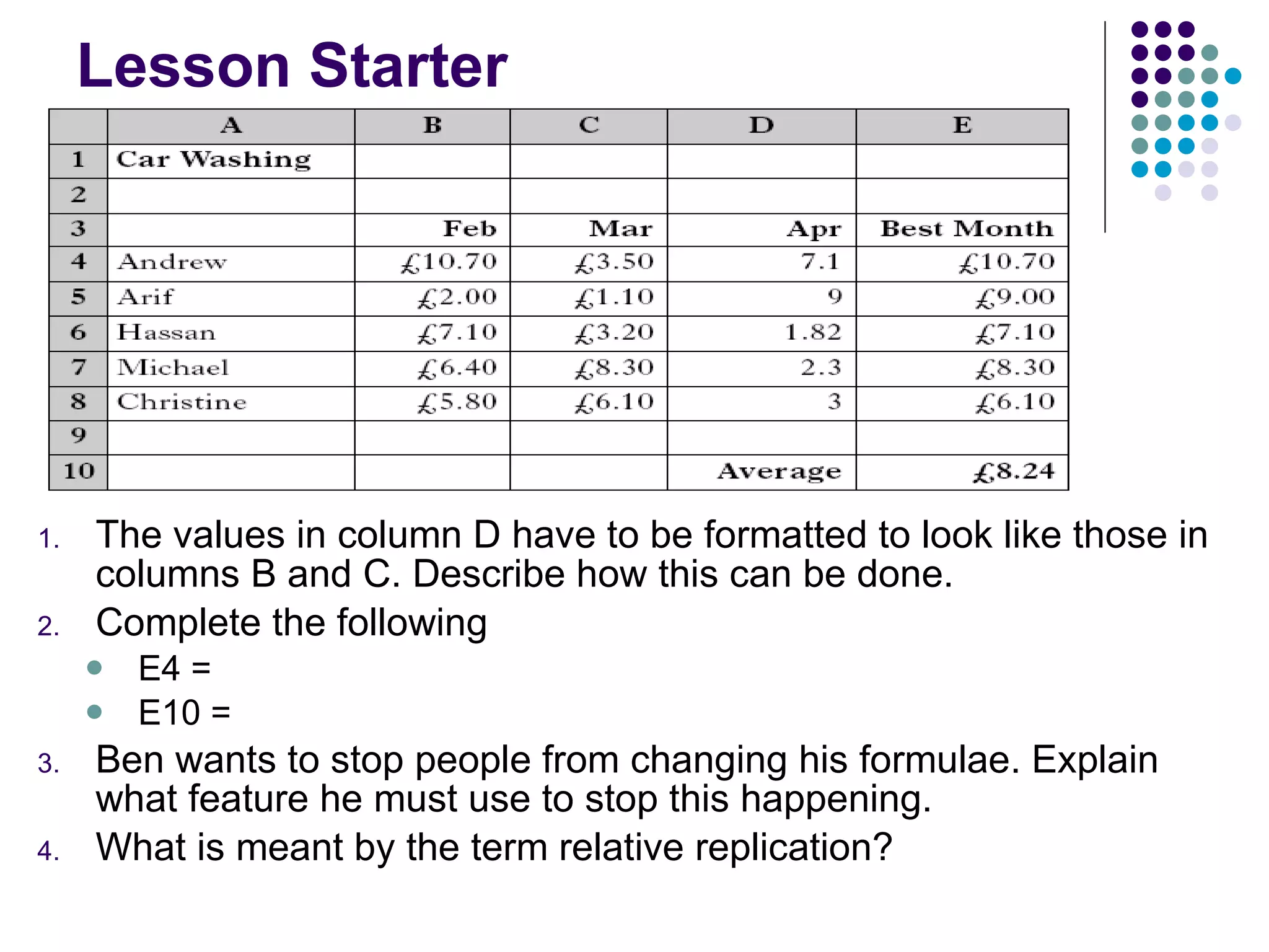 Lesson Starter The values in column D have to be formatted to look like those in columns B and C. Describe how this can be done. Complete the following E4 =  E10 =  Ben wants to stop people from changing his formulae. Explain what feature he must use to stop this happening. What is meant by the term relative replication? 