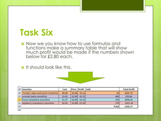 Task Six
   Now we you know how to use formulas and
    functions make a summary table that will show
    much profit would be made if the numbers shown
    below for £2.80 each.

   It should look like this.
 