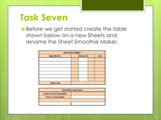 Task Seven
 Before
       we get started create the table
 shown below on a new Sheets and
 rename the Sheet Smoothie Maker.
 