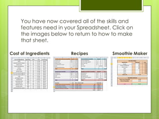 You have now covered all of the skills and
     features need in your Spreadsheet. Click on
     the images below to return to how to make
     that sheet.

Cost of Ingredients     Recipes         Smoothie Maker
 