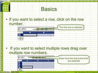 Dto. Tecnoloxía, IES de Pastoriza
Basics
● If you want to select a row, click on the row
number.
● If you want to select multiple rows drag over
multiple row numbers.
The first row is selected
Rows from the first to the third
are selected
 
