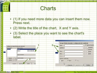 Dto. Tecnoloxía, IES de Pastoriza
Charts
● (1) If you need more data you can insert them now.
Press next.
● (2) Write the title of the chart, X and Y axis.
● (3) Select the place you want to see the chart's
label.
1
2
3
 