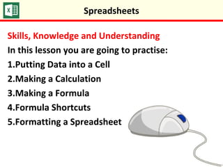 Skills, Knowledge and Understanding
In this lesson you are going to practise:
1.Putting Data into a Cell
2.Making a Calculation
3.Making a Formula
4.Formula Shortcuts
5.Formatting a Spreadsheet
Spreadsheets
 