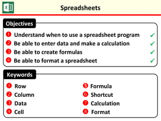 Keywords
 Understand when to use a spreadsheet program
 Be able to enter data and make a calculation
 Be able to create formulas
 Be able to format a spreadsheet
Objectives
 Row
 Column
 Data
 Cell
 Formula
 Shortcut
 Calculation
 Format




Spreadsheets
 