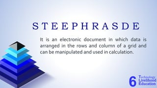 It is an electronic document in which data is
arranged in the rows and column of a grid and
can be manipulated and used in calculation.
Technology
Livelihood
Education
6
S T E E P H R A S D E
 