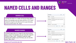 NAMED CELL
A named cell refers to a single cell that has been given a
name. For example, you can name cell D1 as "AT_Total".
Instead of using the cell reference D1 in your formulas,
you can use the name "AT_Total".
NAMED RANGE
A named range refers to a range of cells that has been
given a name. For example, you can name the range B1
to B10 as "Ajiro_Tech". Instead of using the range
reference B1 to B10 in your formulas, you can use the
name "Ajiro_Tech".
Ajiro Tech | 12
Designed and Presented by Ajiro Ndi
 