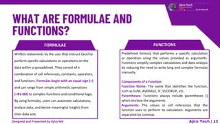 FORMULAE
Written statements by the user that instruct Excel to
perform specific calculations or operations on the
data within a spreadsheet. They consist of a
combination of cell references, constants, operators,
and functions. Formulas begin with an equal sign (=)
and can range from simple arithmetic operations
(=B1+B2) to complex functions and conditional logic.
By using formulas, users can automate calculations,
analyze data, and derive meaningful insights from
their data sets.
FUNCTIONS
Predefined formula that performs a specific calculation
or operation using the values provided as arguments.
Functions simplify complex calculations and data analysis
by reducing the need to write long and complex formulas
manually.
Components of a Function
Function Name: The name that identifies the function,
such as SUM, AVERAGE, IF, VLOOKUP, etc.
Parentheses: Functions always include parentheses ()
which enclose the arguments.
Arguments: The values or cell references that the
function uses to perform its calculation. Arguments are
separated by commas.
Ajiro Tech | 13
Designed and Presented by Ajiro Ndi
 