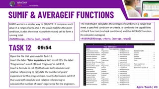 SUMIF works in a similar way to COUNTIF. It compares each
value in a range of cells and, if the value matches the given
condition, it adds the value in another related cell to form a
running total.
=SUMIF(range, criteria, [sum_range])
Open the file that you saved in Task 11.
Insert the label ‘Total experience for:’ in cell E15, the label
‘Programmer’ in cell E16 and ‘Engineer’ in cell E17.
Insert a formula in cell F16 that uses both absolute and
relative referencing to calculate the number of years’
experience for the programmers. Insert a formula in cell F17
that uses both absolute and relative referencing to
calculate the number of years’ experience for the engineers.
Ajiro Tech | 23
The AVERAGEIF calculates the average of numbers in a range that
meet a specified condition or criteria. It combines the capabilities
of the IF function (to check conditions) and the AVERAGE function
(to calculate averages).
=AVERAGEIF(range, criteria, [average_range])
 