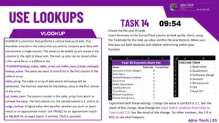 VLOOKUP
VLOOKUP is a function that performs a vertical look up of data. This
should be used when the values that you wish to compare your data with
are stored in a single column. The values to be looked up are stored in the
columns to the right of these cells. The look up data can be stored either
in the same file or in a different file.
=VLOOKUP(lookup_value, table_array, col_index_num, [range_lookup])
lookup_value: The value you want to search for in the first column of the
table or array.
table_array: The table or array of data where the lookup will be
performed. The function searches for the lookup_value in the first column
of this array.
col_index_num: The column number in the table_array from which to
retrieve the value. The first column is 1, the second column is 2, and so on.
range_lookup: A logical value that specifies whether you want an exact
match or an approximate match. Use TRUE/1 for an approximate match
or FALSE/0 for an exact match. If omitted, TRUE is assumed.
Ajiro Tech | 25
Create the file year10 tasks
Insert formulae in the CurrentTask column to look up the client, using
the TaskCode for the look up value and the file year10client. Make sure
that you use both absolute and relative referencing within your
function.
Experiment with these settings. Change the value in cell B10 to 5.2. See the
result of this change. Now change the exact match condition from False to
True in cell C10. See the result of this change. Try other numbers, like 5.9 in
B10, to see what happens.
 
