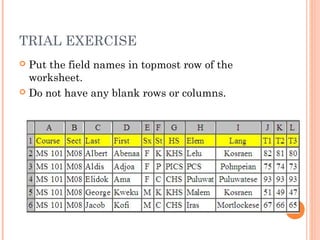 TRIAL EXERCISE
 Put the field names in topmost row of the
worksheet.
 Do not have any blank rows or columns.
 