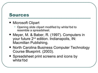 Sources  Microsoft Clipart  Opening slide clipart modified by whita1bd to resemble a spreadsheet.  Meyer, M. & Baber, R. (1997). Computers in your future 2 nd  edition. Indianapolis, IN: Macmillan Publishing.  North Carolina Business Computer Technology Course Blueprint. (2003).  Spreadsheet print screens and icons by whita1bd 