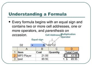 Understanding a Formula  Every formula begins with an equal sign and contains two or more cell addresses, one or more operators, and  parenthesis   on occasion . Equal sign Cell Addresses Multiplication Operator 