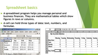 Spreadsheet basics
 A spreadsheet program helps you manage personal and
business finances. They are mathematical tables which show
figures in rows or columns.
 A cell can hold three types of data: text, numbers, and
formulae.
 