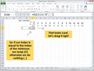 So: if our index is 
equal to the index 
of the minimum, 
we swap (X) 
otherwise we do 
nothing (_) 
That looks cool, 
let’s drag it right 
 