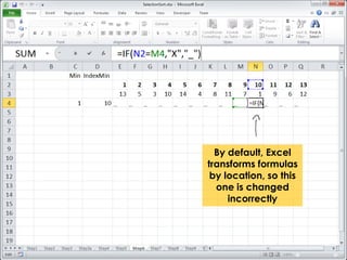 By default, Excel 
transforms formulas 
by location, so this 
one is changed 
incorrectly 
 