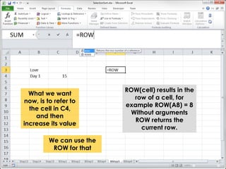 ROW(cell) results in the 
row of a cell, for 
example ROW(A8) = 8 
Without arguments 
ROW returns the 
current row. 
What we want 
now, is to refer to 
the cell in C4, 
and then 
increase its value 
We can use the 
ROW for that 
 
