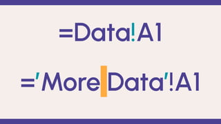 @MattGreenwoodGS #SpreadsheetSorcery #BrightonSEO
=Data!A1
=’More Data’!A1
 