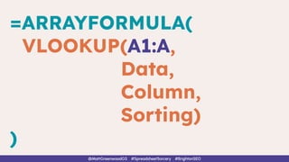 =ARRAYFORMULA(
VLOOKUP(A1:A,
Data,
Column,
Sorting)
)
@MattGreenwoodGS #SpreadsheetSorcery #BrightonSEO
 