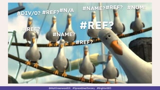 @MattGreenwoodGS #SpreadsheetSorcery #BrightonSEO
#REF? #NUM!
#REF?
#NAME?
#N/A
#REF?
#DIV/0?
#REF?
#NAME?
#REF?
 