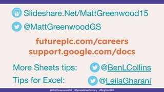 @MattGreenwoodGS #SpreadsheetSorcery #BrightonSEO
Slideshare.Net/MattGreenwood15
@MattGreenwoodGS
support.google.com/docs
@BenLCollins
@LeilaGharani
More Sheets tips:
Tips for Excel:
futureplc.com/careers
 