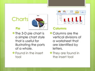 Charts Pie The 3-D pie chart is a simple chart style that is useful for illustrating the parts of a whole. Found in the insert tool Columns Columns are the vertical divisions of a worksheet that are identified by letters. They are found in the insert tool 