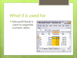 What it is used for Microsoft Excel is used to organize numeric data 