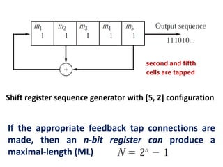Shift register sequence generator with [5, 2] configuration
If the appropriate feedback tap connections are
made, then an n-bit register can produce a
maximal-length (ML)
second and fifth
cells are tapped
 