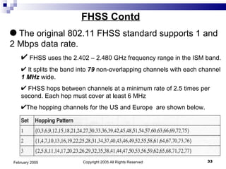 Copyright 2005 All Rights Reserved February 2005 FHSS Contd The original 802.11 FHSS standard supports 1 and 2 Mbps data rate.  FHSS uses the 2.402 – 2.480 GHz frequency range in the ISM band. It splits the band into  79  non-overlapping channels with each channel  1 MHz  wide. FHSS hops between channels at a minimum rate of 2.5 times per second. Each hop must cover at least 6 MHz  The hopping channels for the US and Europe  are shown below. 