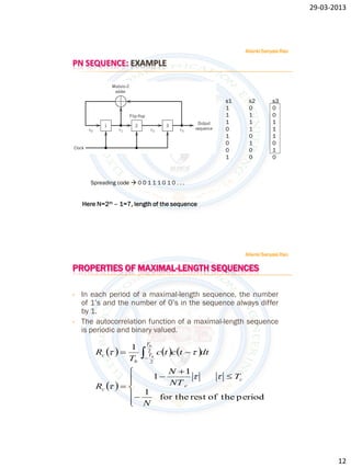 29-03-2013




                                                         Allanki Sanyasi Rao

PN SEQUENCE: EXAMPLE



                                                    s1    s2         s3
                                                    1     0          0
                                                    1     1          0
                                                    1     1          1
                                                    0     1          1
                                                    1     0          1
                                                    0     1          0
                                                    0     0          1
                                                    1     0          0



      Spreading code  0 0 1 1 1 0 1 0 . . .


    Here N=2m – 1=7, length of the sequence




                                                         Allanki Sanyasi Rao

PROPERTIES OF MAXIMAL-LENGTH SEQUENCES

•   In each period of a maximal-length sequence, the number
    of 1’s and the number of 0’s in the sequence always differ
    by 1.
•   The autocorrelation function of a maximal-length sequence
    is periodic and binary valued.
                           Tb
        Rc                   ct ct   dt
                  1
                  Tb       2
                            T
                            b
                             2

                        N 1
                     1               Tc
                  
        Rc          NT c
                   1 for the rest of the p eriod
                   N
                  




                                                                                      12
 