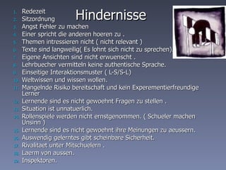Hindernisse  Redezeit Sitzordnung Angst Fehler zu machen Einer spricht die anderen hoeren zu . Themen intressieren nicht ( nicht relevant ) Texte sind langweilig( Es lohnt sich nicht zu sprechen). Eigene Ansichten sind nicht erwuenscht . Lehrbuecher vermitteln keine authentische Sprache. Einseitige Interaktionsmuster ( L-S/S-L) Weltwissen und wissen wollen. Mangelnde Risiko bereitschaft und kein Experementierfreundige Lerner Lernende sind es nicht gewoehnt Fragen zu stellen . Situation ist unnatuerlich. Rollenspiele werden nicht ernstgenommen. ( Schueler machen Unsinn ) Lernende sind es nicht gewoehnt ihre Meinungen zu aeussern. Auswendig gelerntes gibt scheinbare Sicherheit. Rivalitaet unter Mitschuelern . Laerm von aussen.  Inspektoren. 