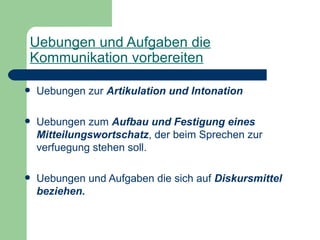 Uebungen und Aufgaben die Kommunikation vorbereiten Uebungen zur  Artikulation und Intonation   Uebungen zum  Aufbau und Festigung eines Mitteilungswortschatz , der beim Sprechen zur verfuegung stehen soll. Uebungen und Aufgaben die sich auf  Diskursmittel beziehen. 