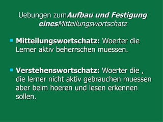 Uebungen zum  Aufbau und Festigung eines  Mitteilungswortschatz Mitteilungswortschatz:  Woerter die Lerner aktiv beherrschen muessen. Verstehenswortschatz:  Woerter die , die lerner nicht aktiv gebrauchen muessen aber beim hoeren und lesen erkennen sollen. 